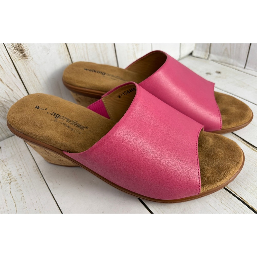 NEW Walking Cradles Pink Leather Cork Wedge Mule Slide Sandals Wide Size 10.5 WW